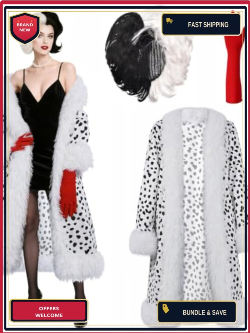 Adult Dalmatian Cosplay Costume Set Faux Fur Coat Wig Gloves Halloween